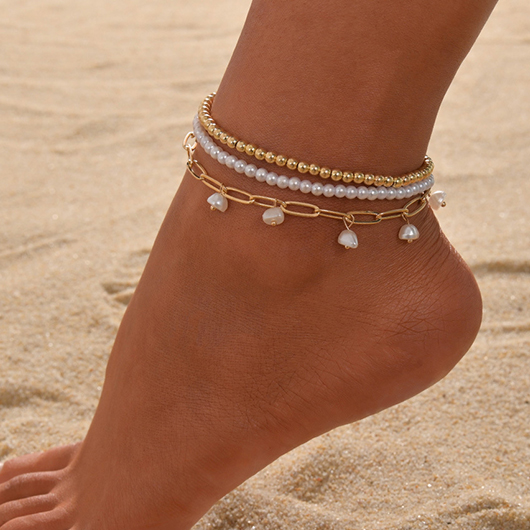 Gold Alloy Patchwork Layered Pearl Anklets
