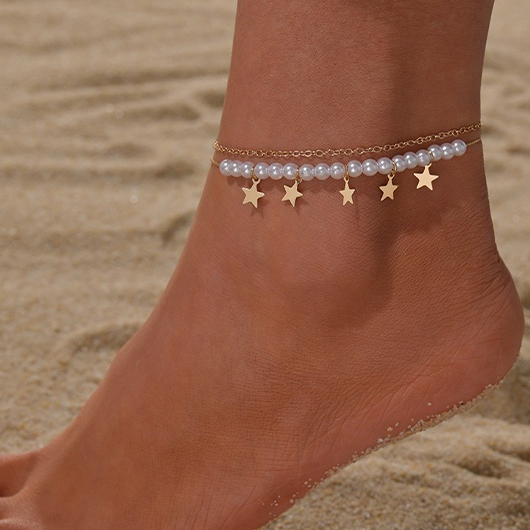 Star Layered Pearl Gold Alloy Anklet