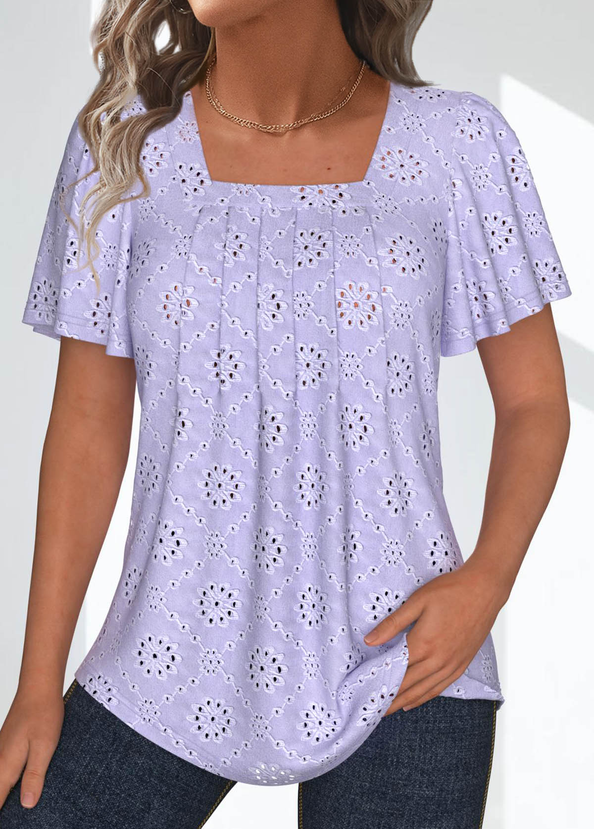 T-shirt à col carré violet clair en tissu texturé Rotita