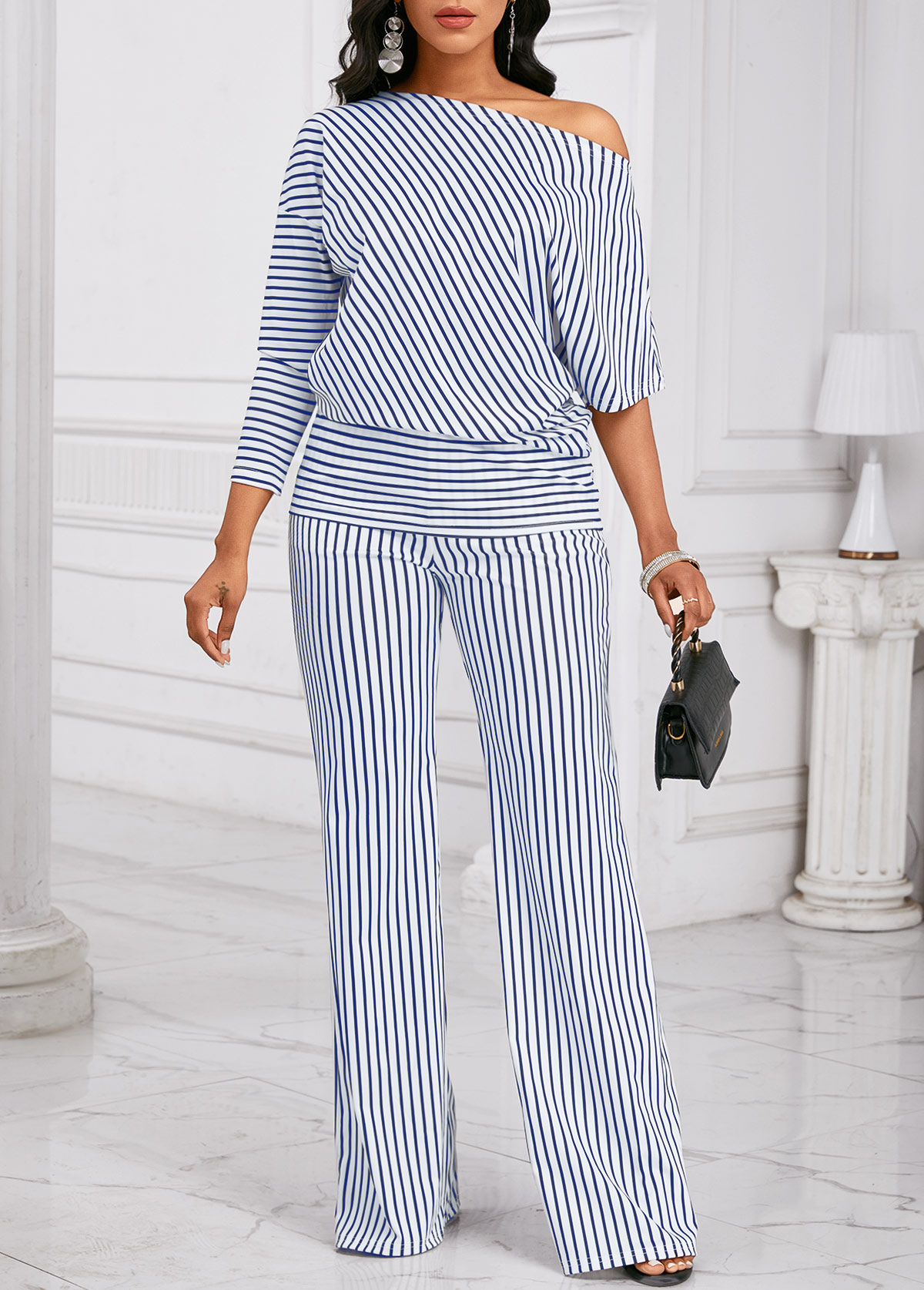 Asymmetry Striped Blue Long Off Shoulder Top and Pants