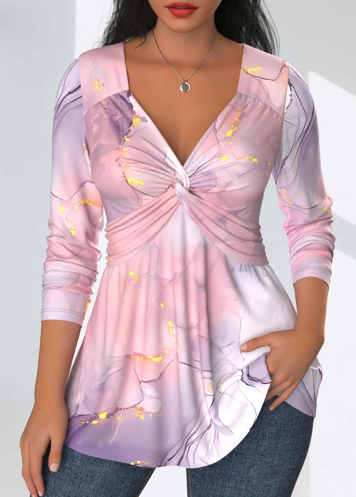 ROTITA Twist Marble Print Light Pink V Neck T Shirt