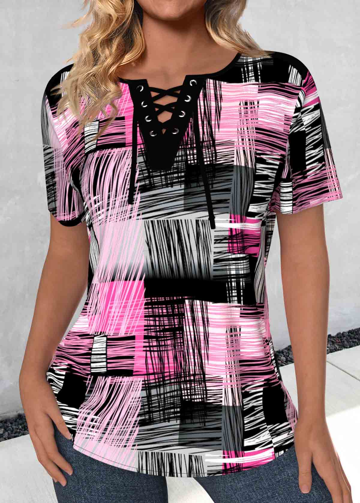 ROTITA Lace Up Geometric Print Hot Pink T Shirt