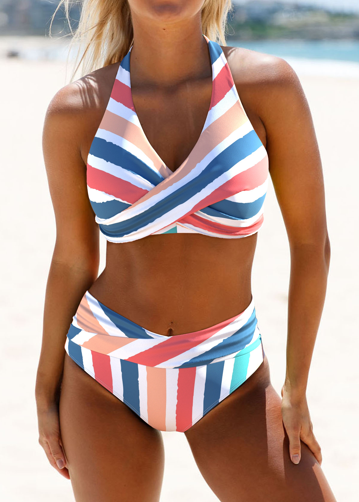 ROTITA Criss Cross Multi Color Striped Bikini Set
