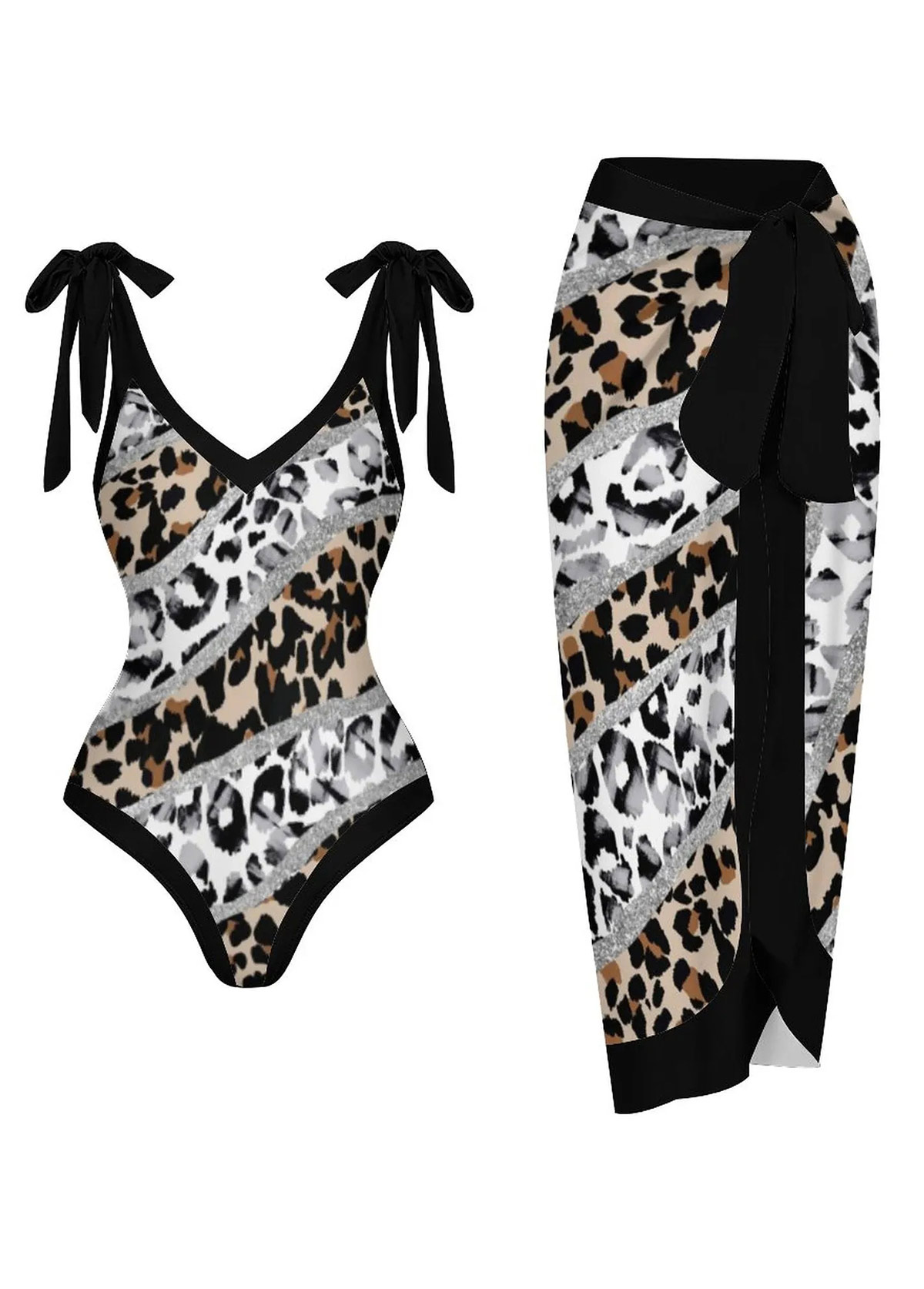 ROTITA Black Bnowknot Leopard One Piece Swimwear and Skirt