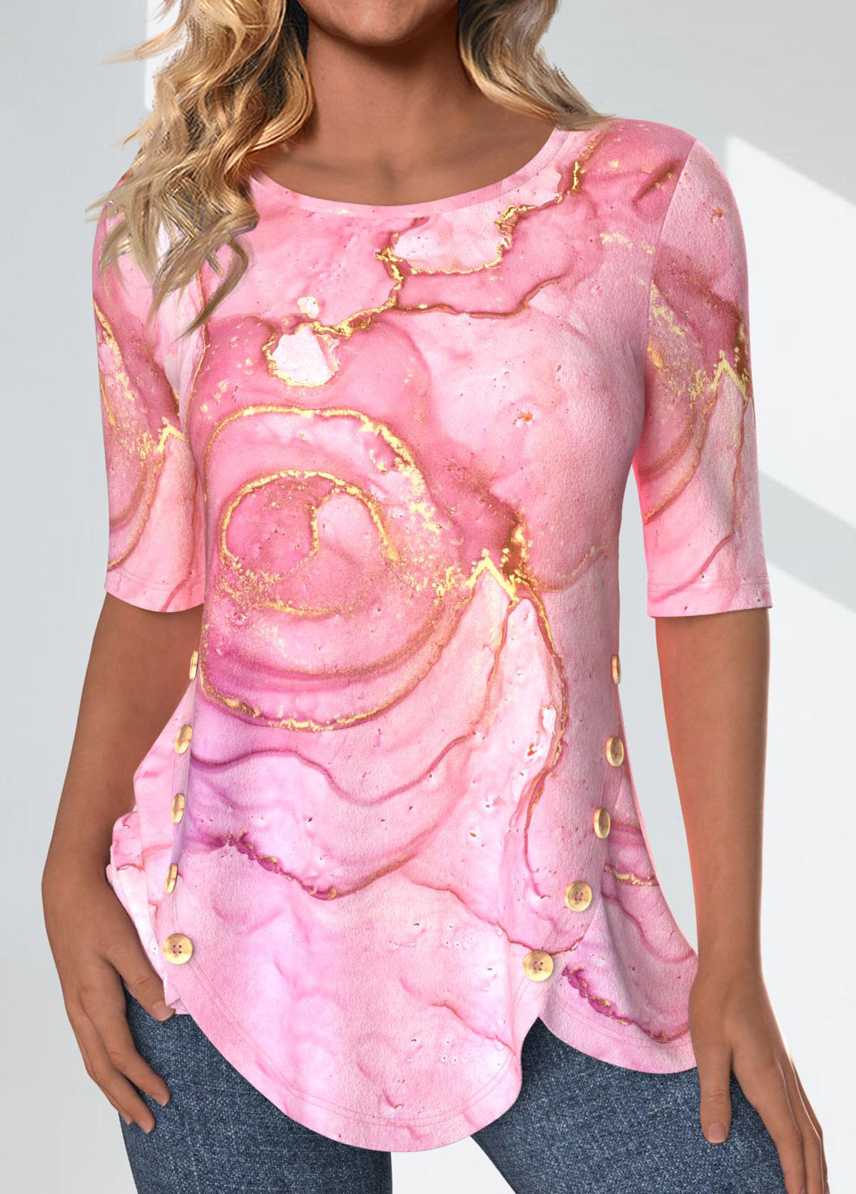 t-shirt col rond rose imprimé marbre fendu rotita