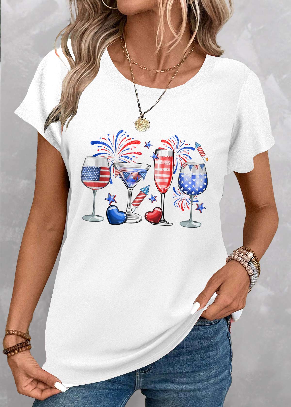 Rotita drapeau américain patchwork t-shirt col rond blanc