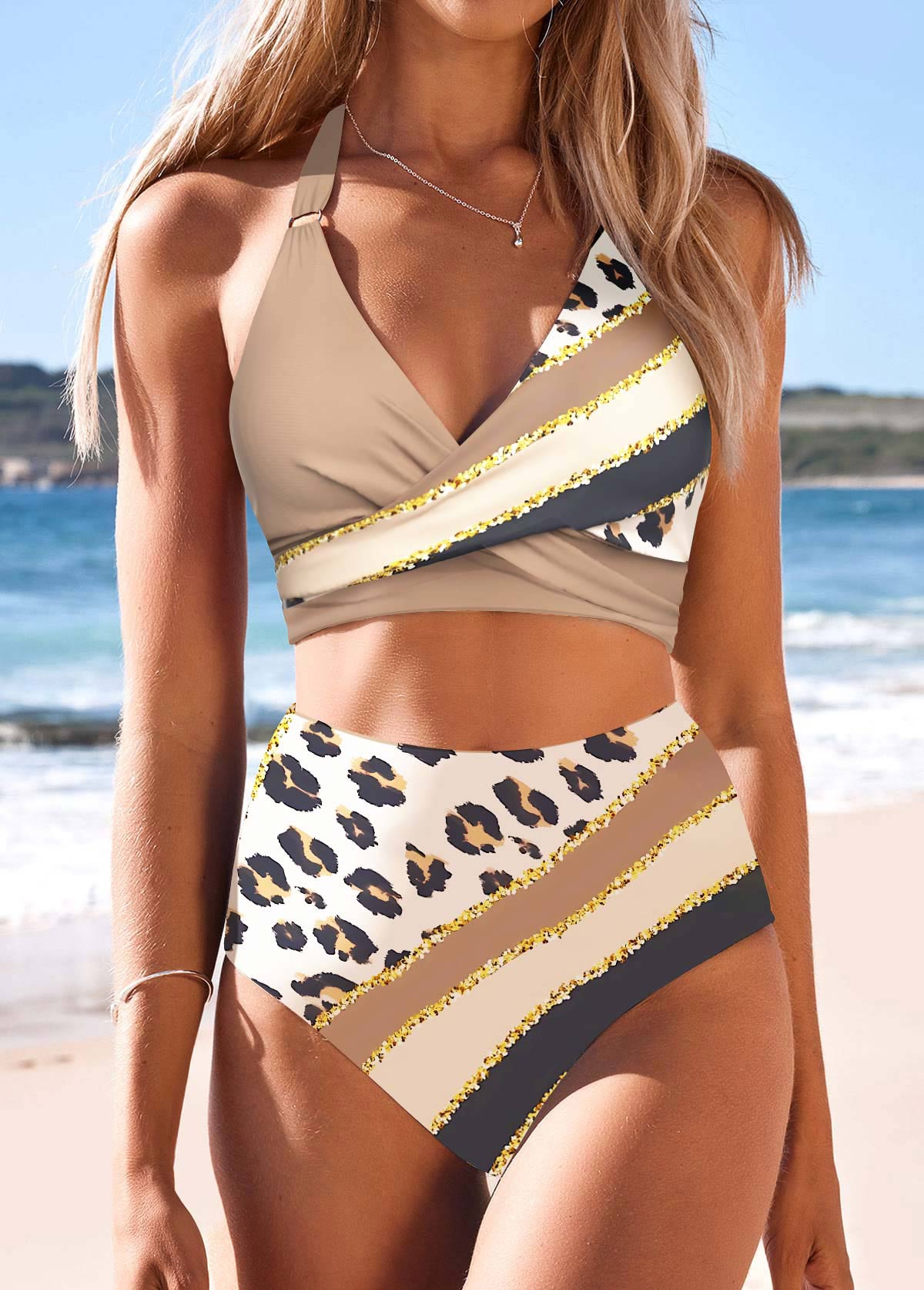 ROTITA Surplice Light Camel Leopard Bikini Set