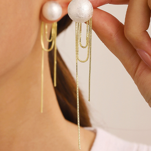 Gold Tassel Pearl Geometric Alloy Earrings