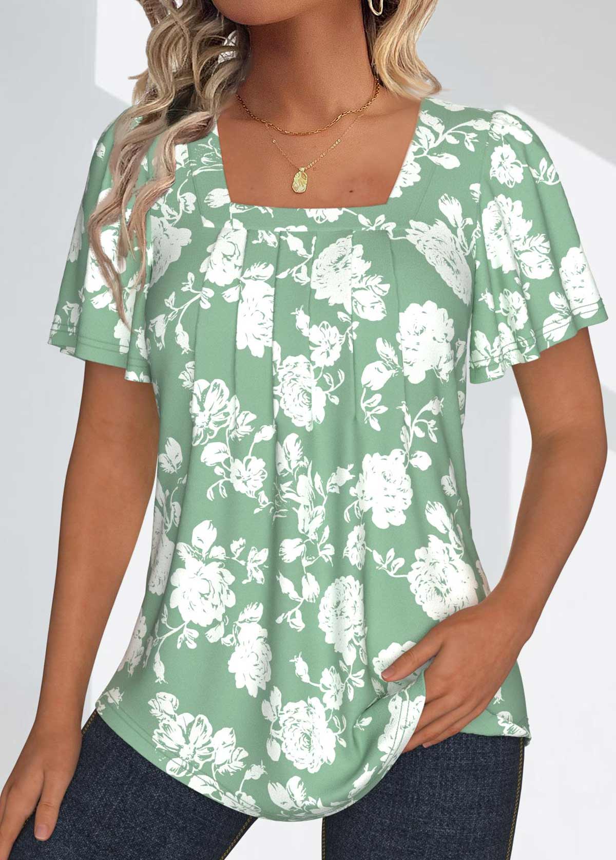 ROTITA Tuck Stitch Floral Print Sage Green T Shirt
