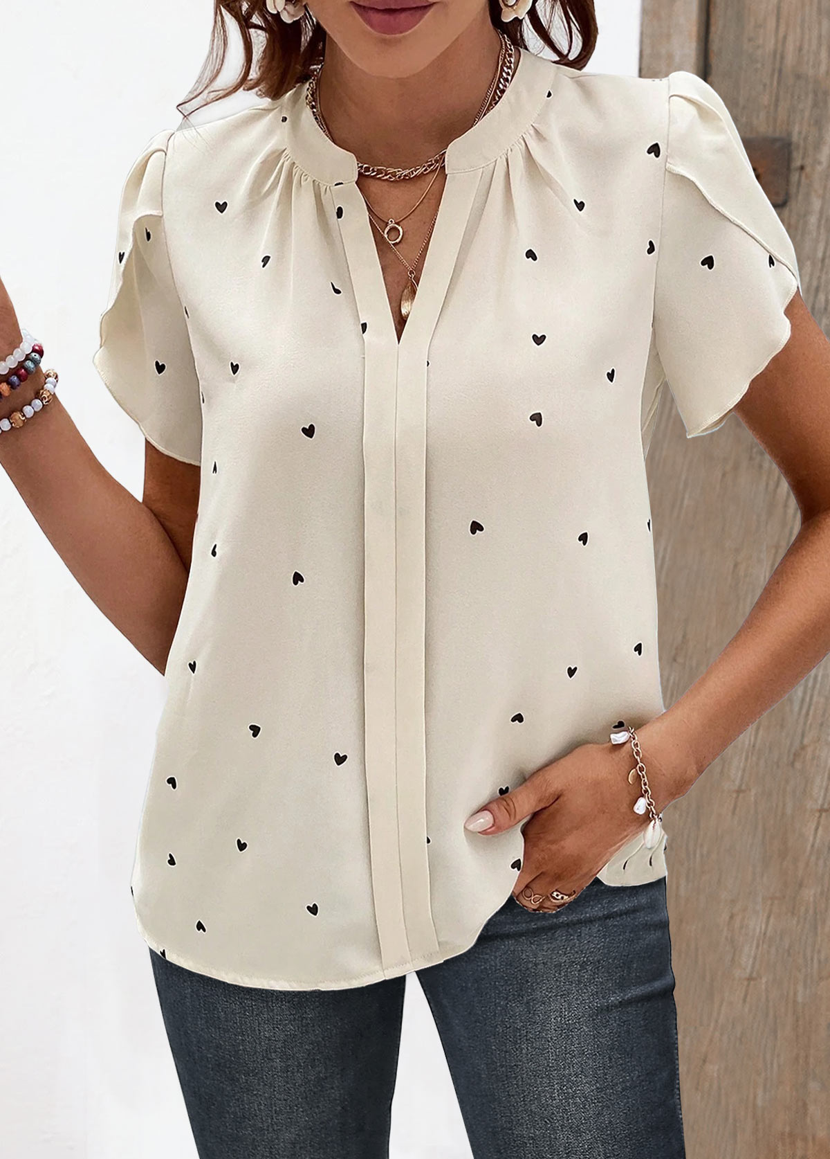 Beige tops,Heart tops,ROTITA Ruched Heart Print Beige Split Neck Short Sleeve Blouse