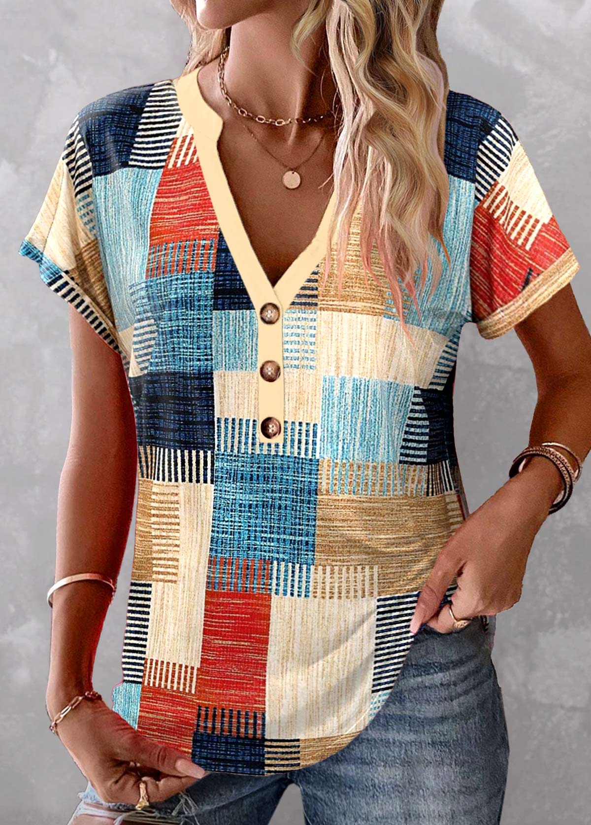 rotita blouse à col fendu multicolore à imprimé géométrique patchwork