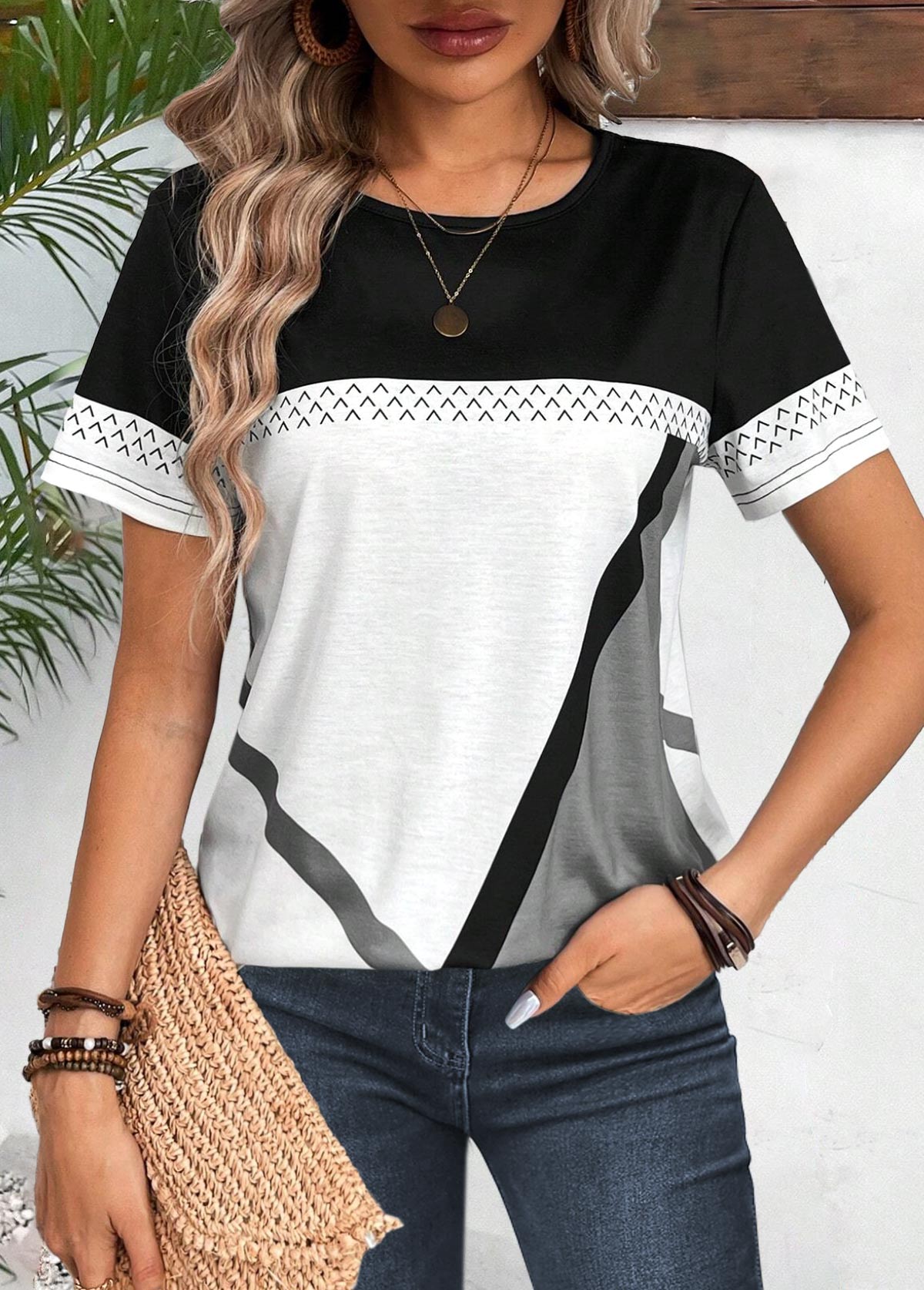 Black tops,White tops,Geometric tops,Striped tops,ROTITA Patchwork Geometric Print Black Round Neck T Shirt