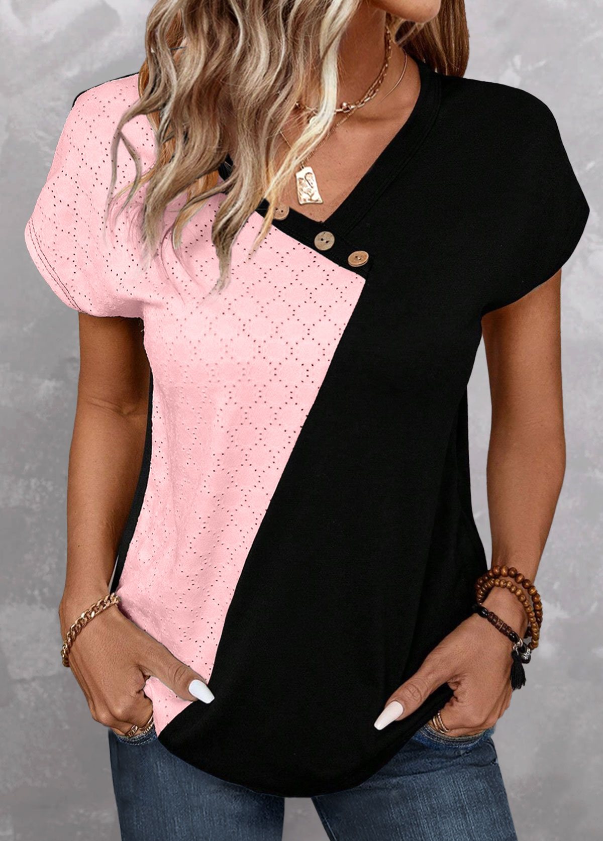 ROTITA Patchwork Light Pink V Neck Short Sleeve T Shirt