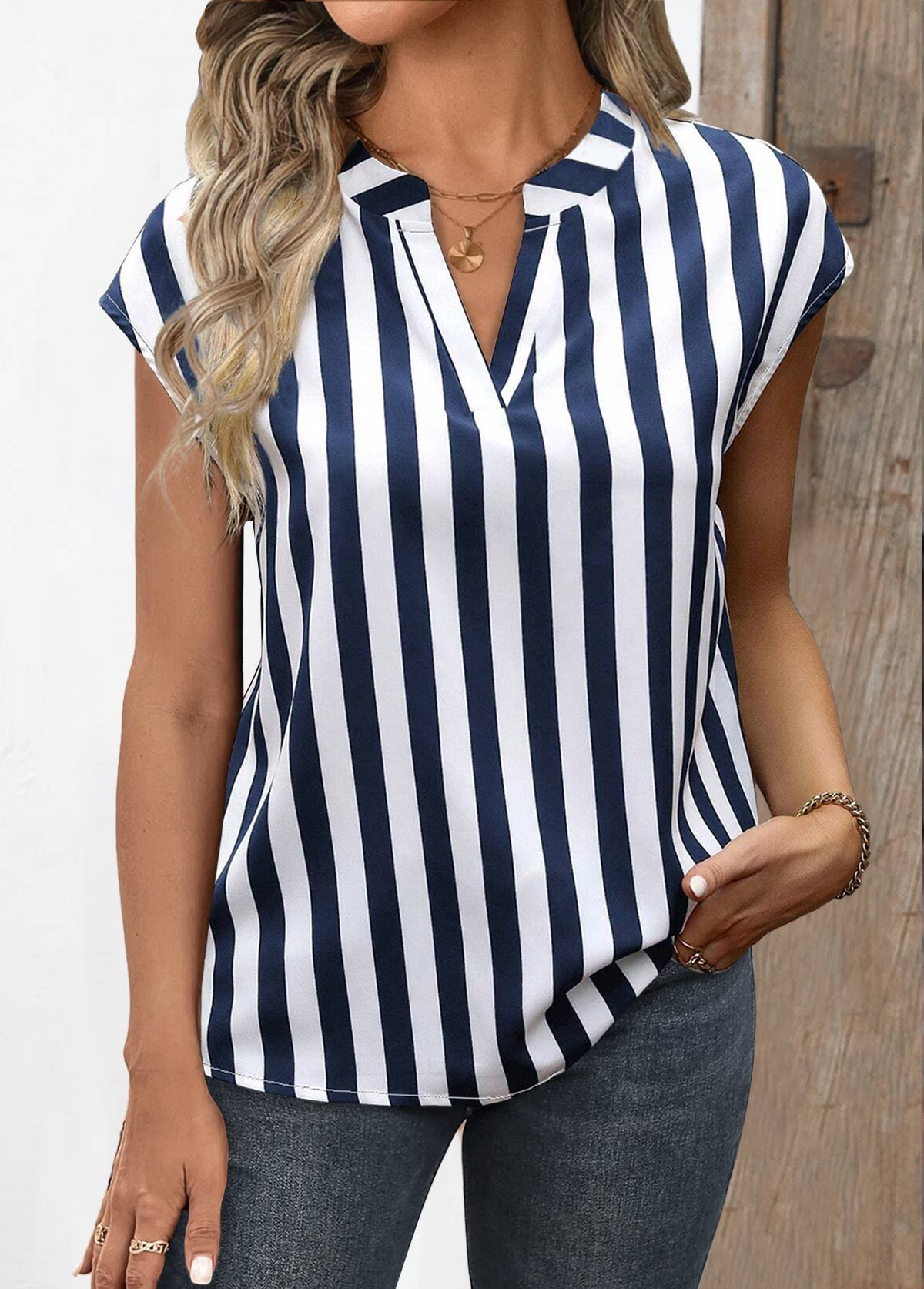 Navy tops,White tops,Striped tops,Geometric tops,ROTITA Split Striped Navy Short Sleeve Blouse