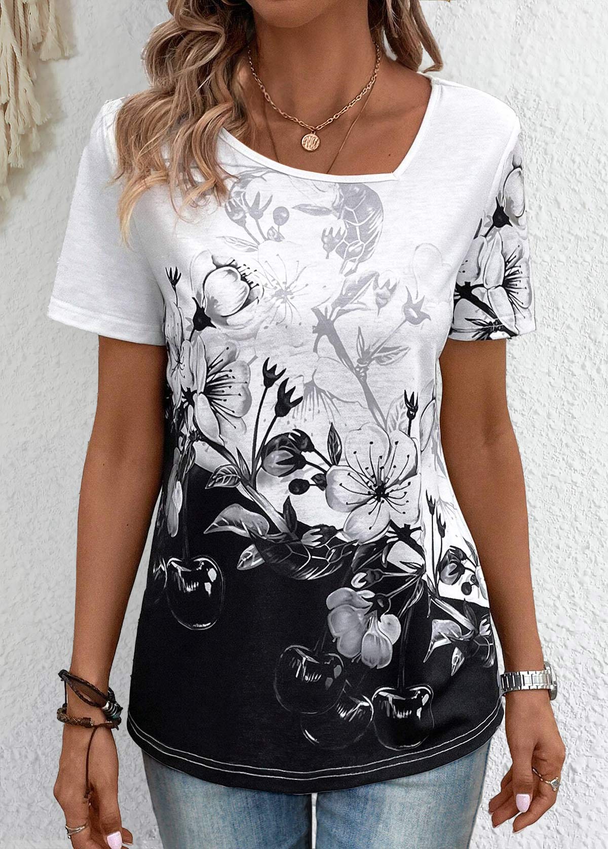 ROTITA Lightweight Floral Print Black Asymmetrical Neck T Shirt