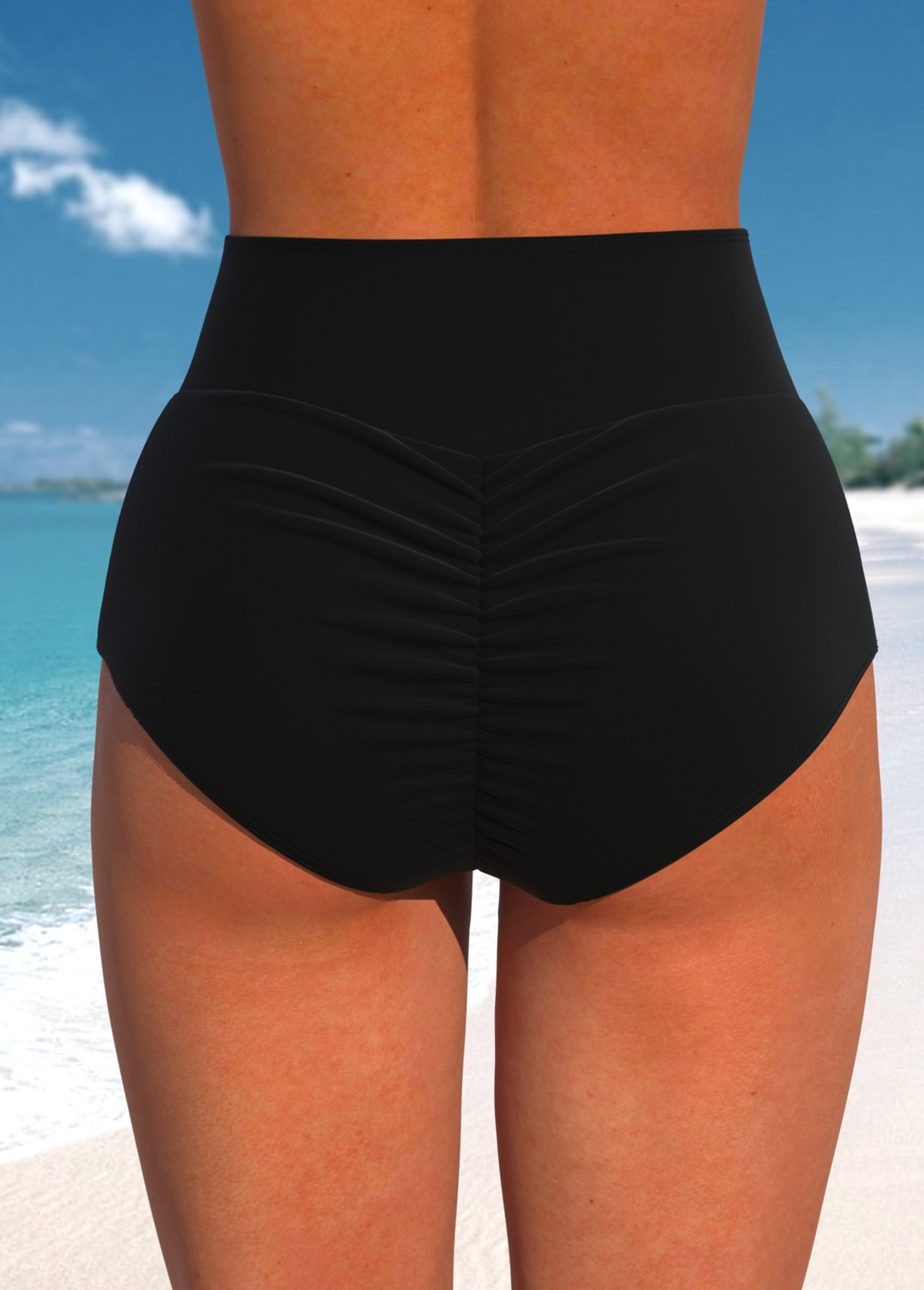 Black swimwear,Plain Color swimwear,ROTITA Black Wide Waistband High Waisted Bikini Bottom