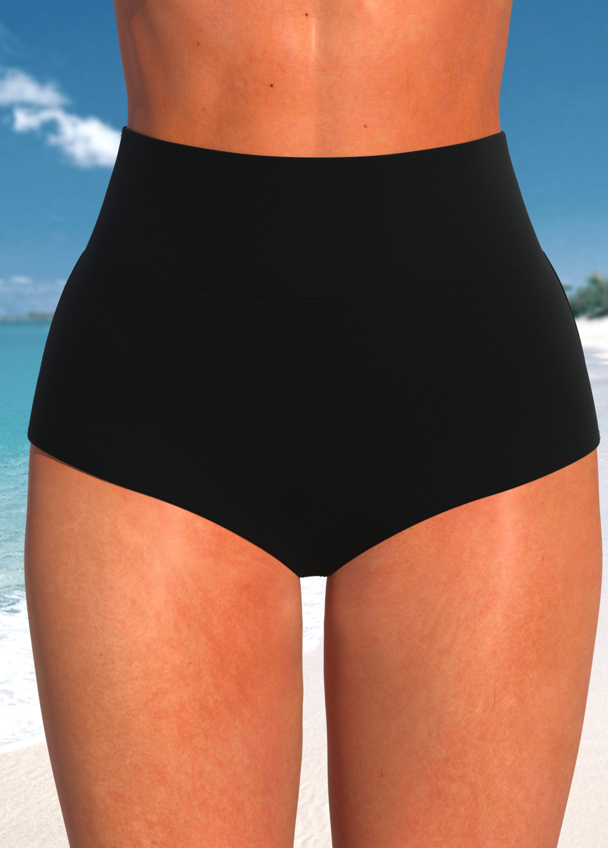 Black swimwear,Plain Color swimwear,ROTITA Black Wide Waistband High Waisted Bikini Bottom