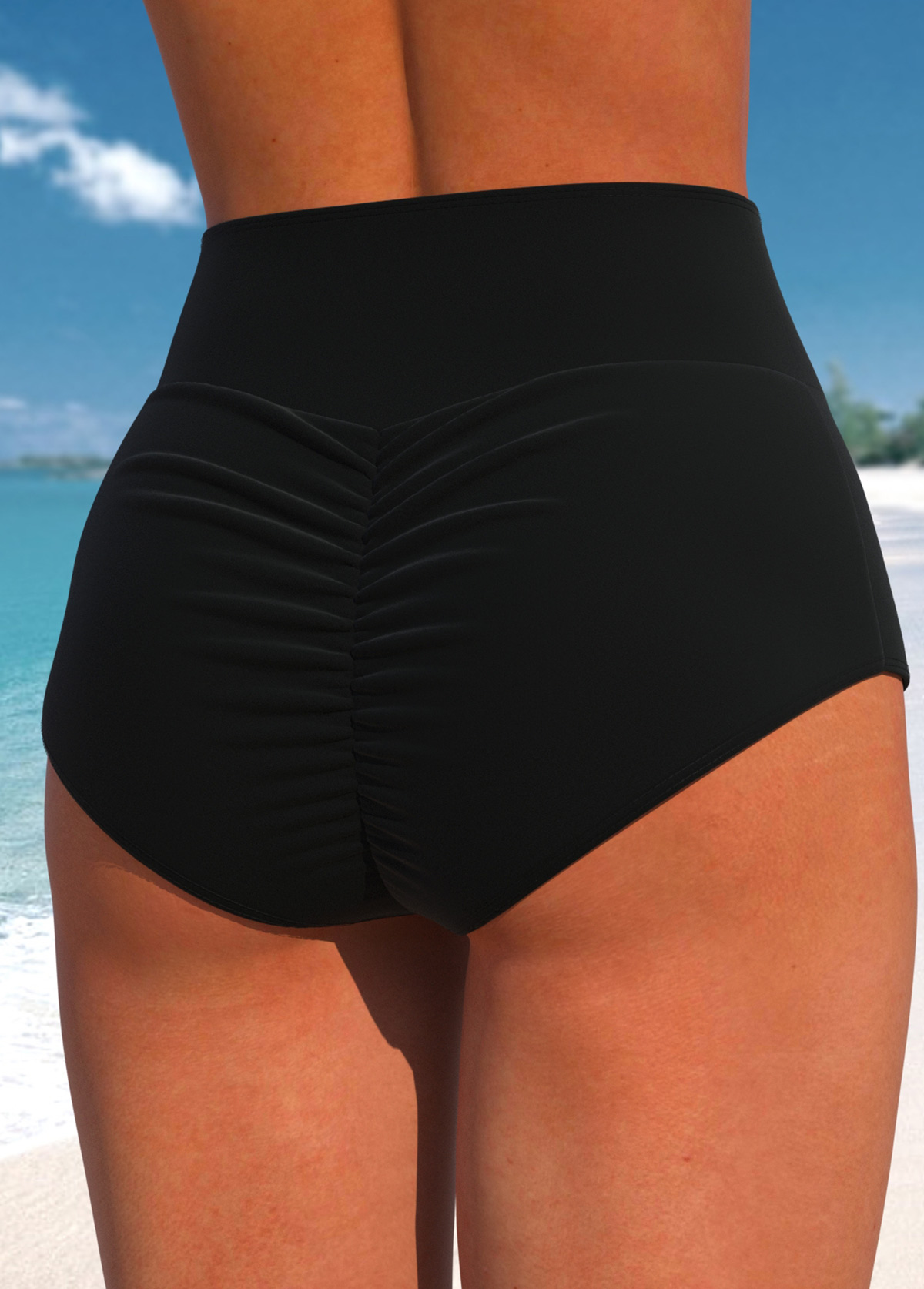 Black swimwear,Plain Color swimwear,ROTITA Black Wide Waistband High Waisted Bikini Bottom
