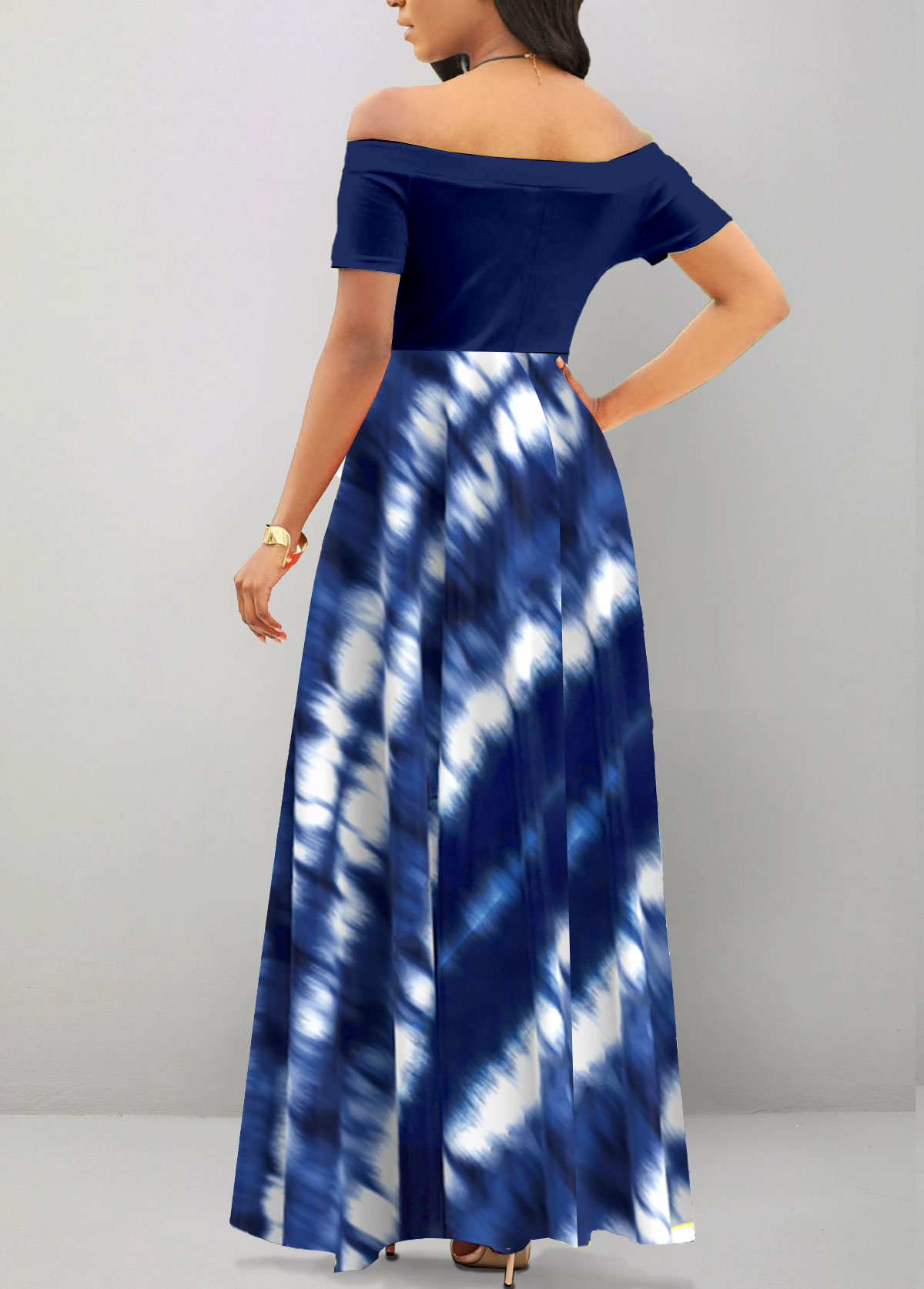 Navy dresses,Tie Dye dresses,Party dresses,Elegant dresses,ROTITA Patchwork Tie Dye Print Navy Off Shoulder Maxi Dress