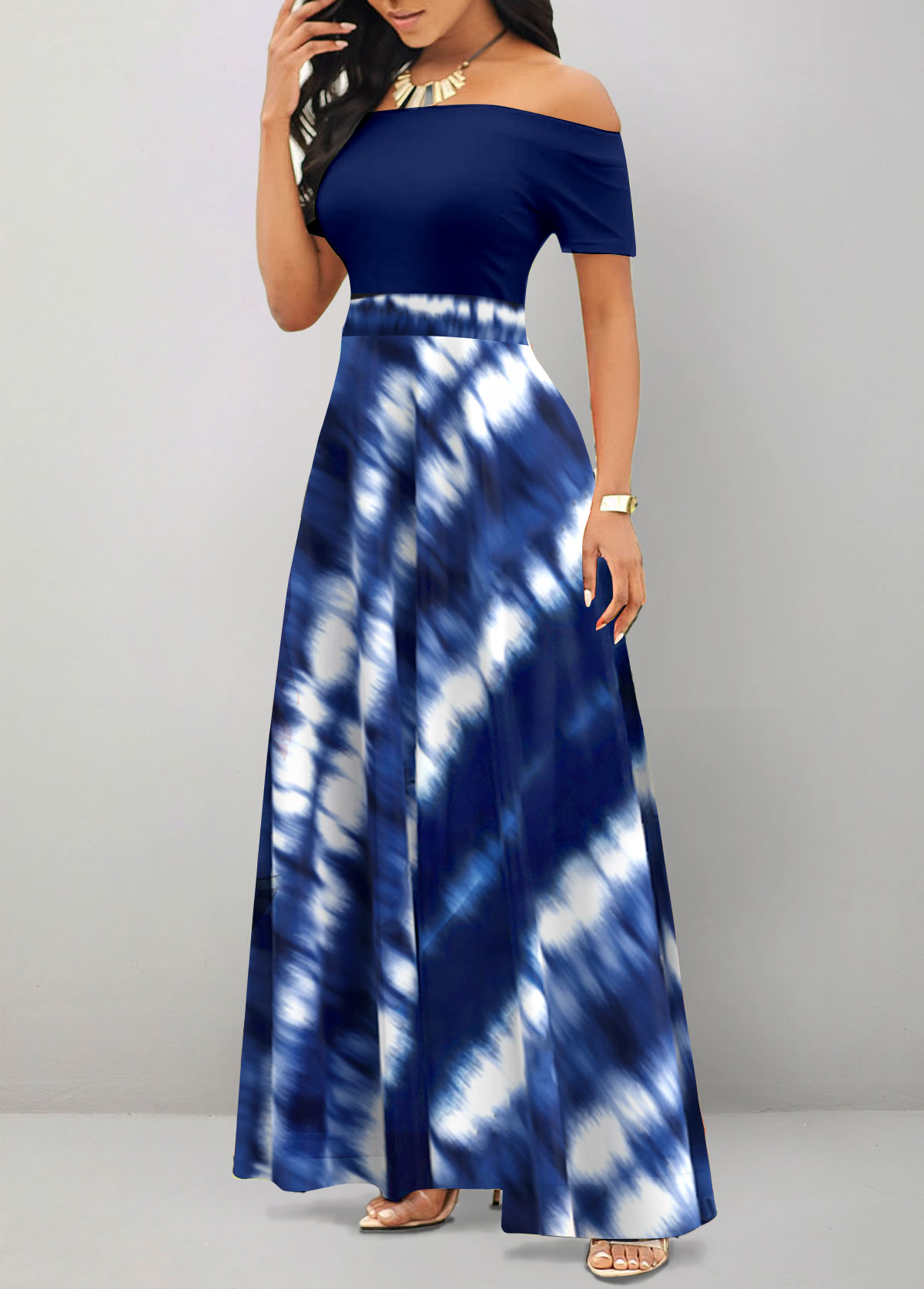 Navy dresses,Tie Dye dresses,Party dresses,Elegant dresses,ROTITA Patchwork Tie Dye Print Navy Off Shoulder Maxi Dress