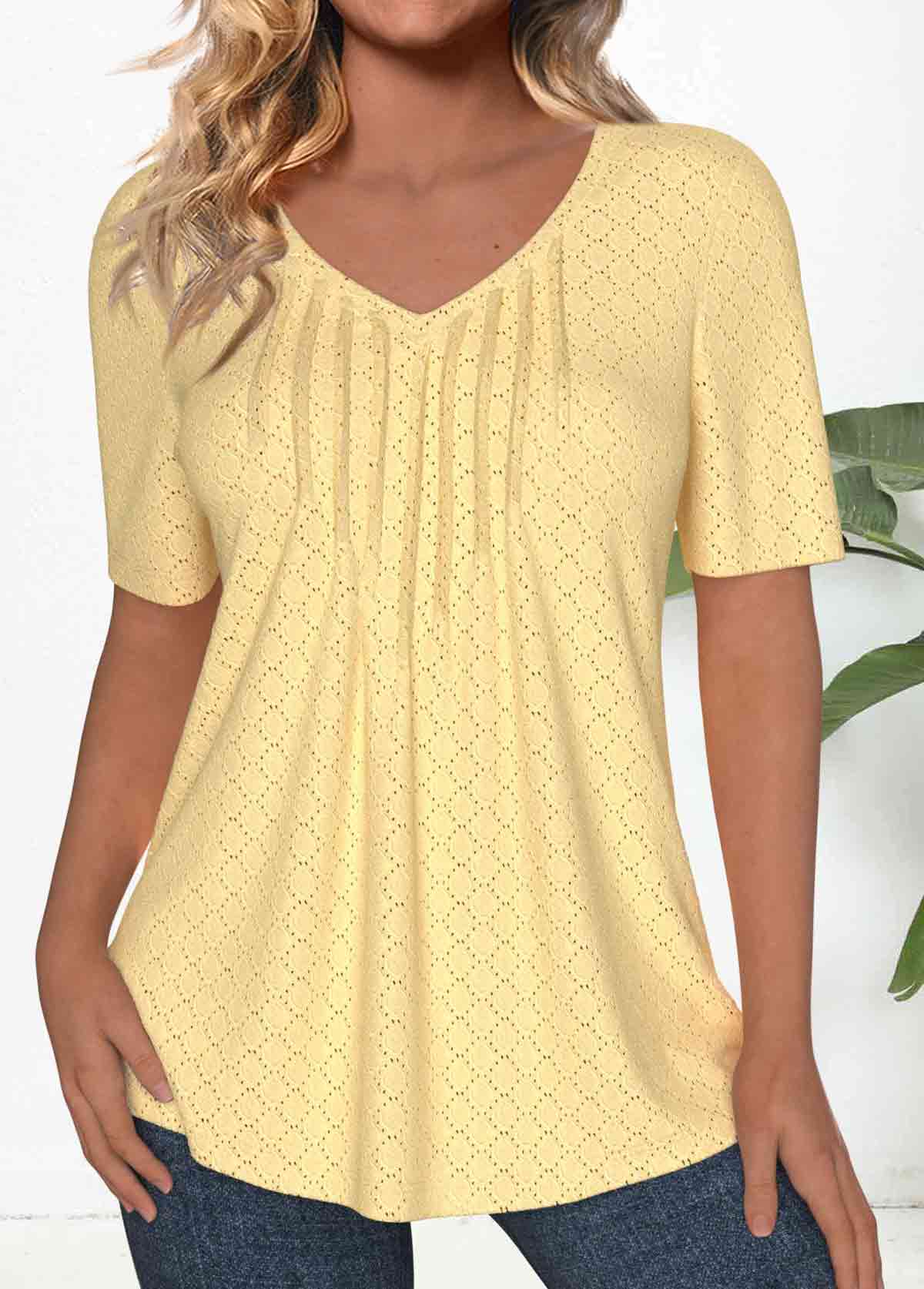ROTITA Textured Fabric Light Yellow V Neck T Shirt