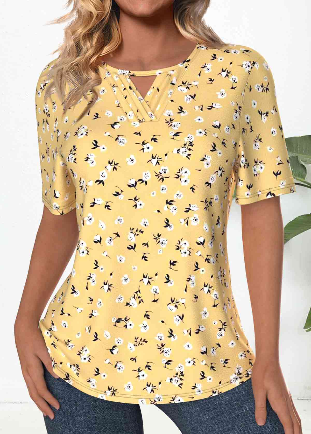 ROTITA Tuck Stitch Ditsy Floral Print Light Yellow T Shirt