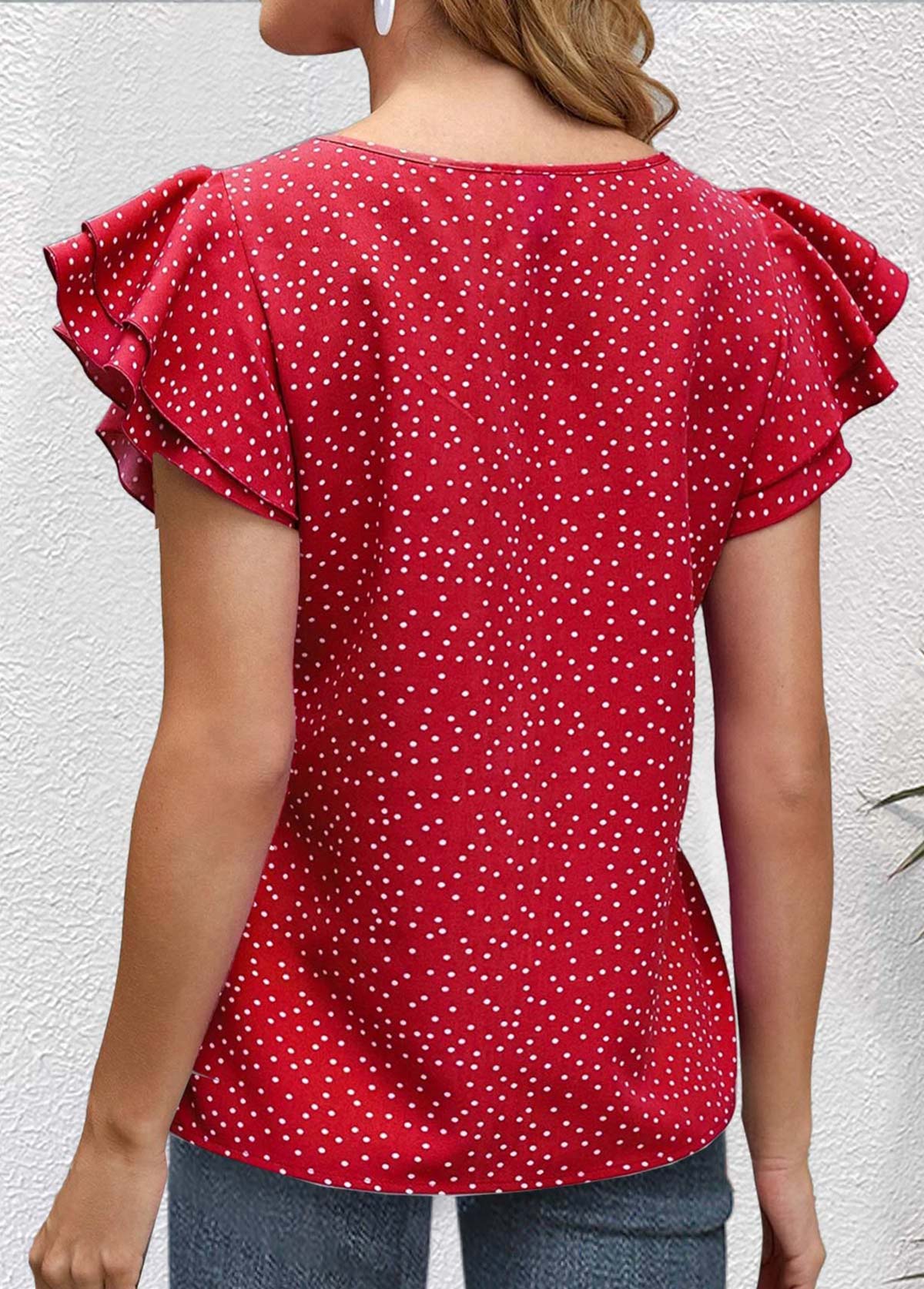 Red tops,Dot tops,ROTITA Cut Out Polka Dot Red Round Neck Blouse