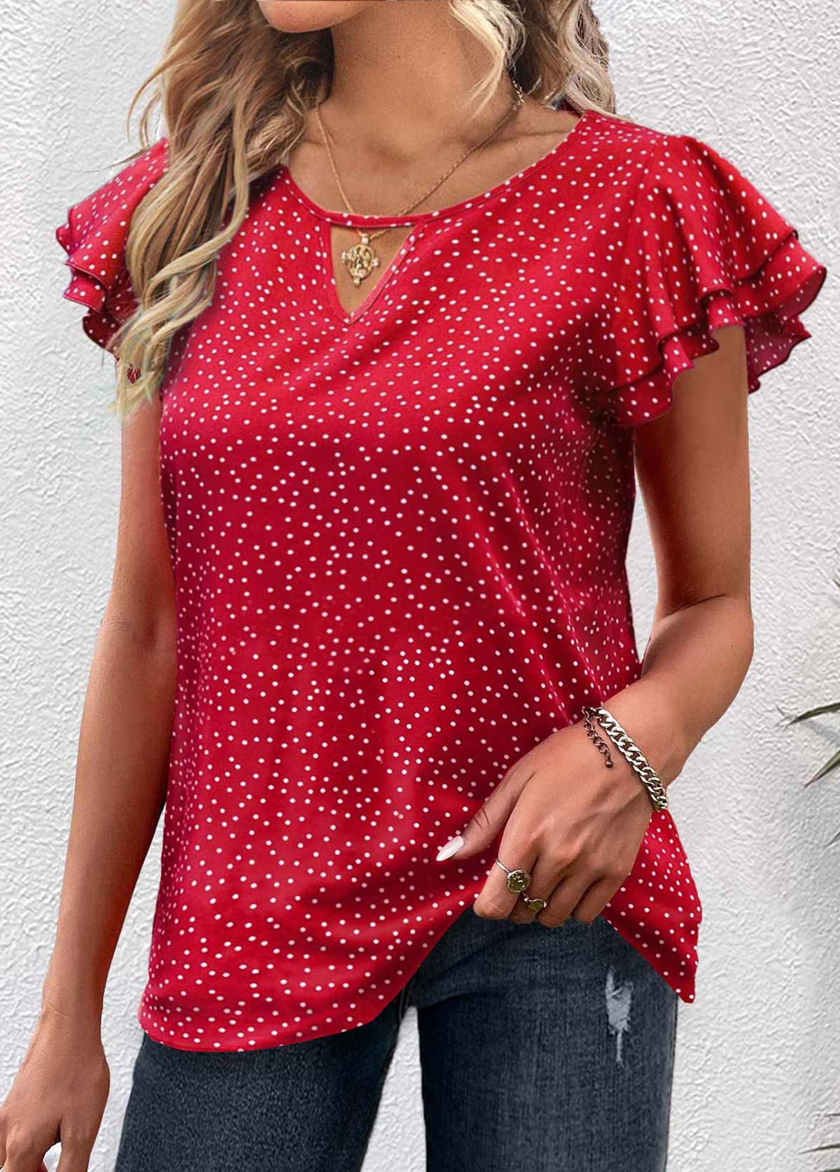 Red tops,Dot tops,ROTITA Cut Out Polka Dot Red Round Neck Blouse