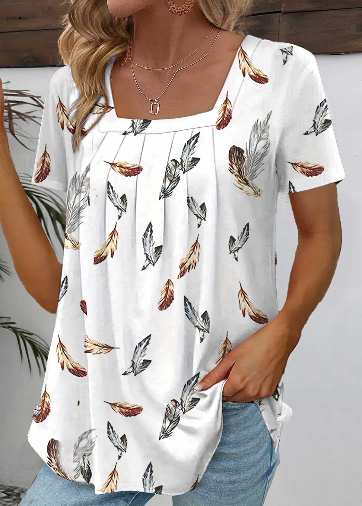 ROTITA Ruched Feathers Print White Square Neck T Shirt