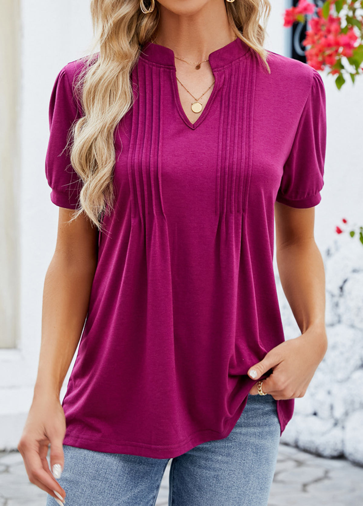 Tuck Stitch Dark Reddish Purple Split Neck T Shirt
