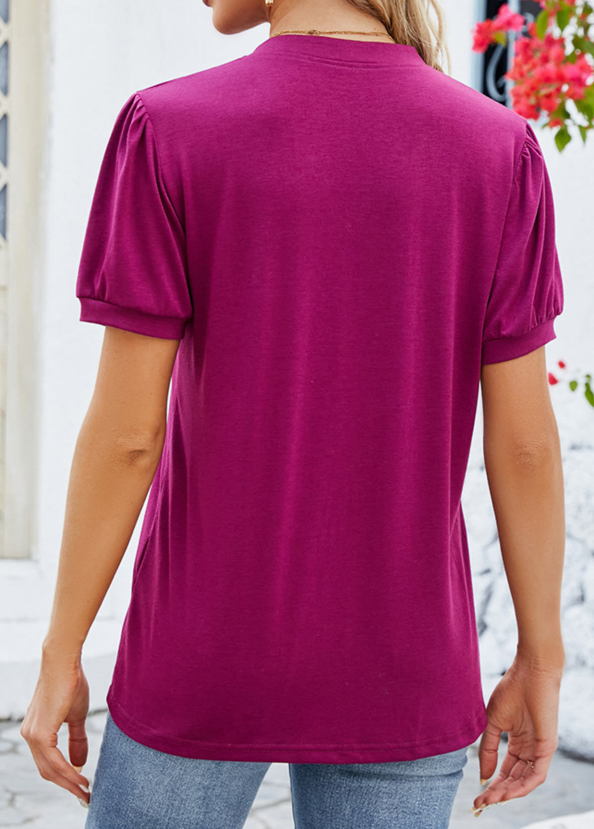 Tuck Stitch Dark Reddish Purple Split Neck T Shirt
