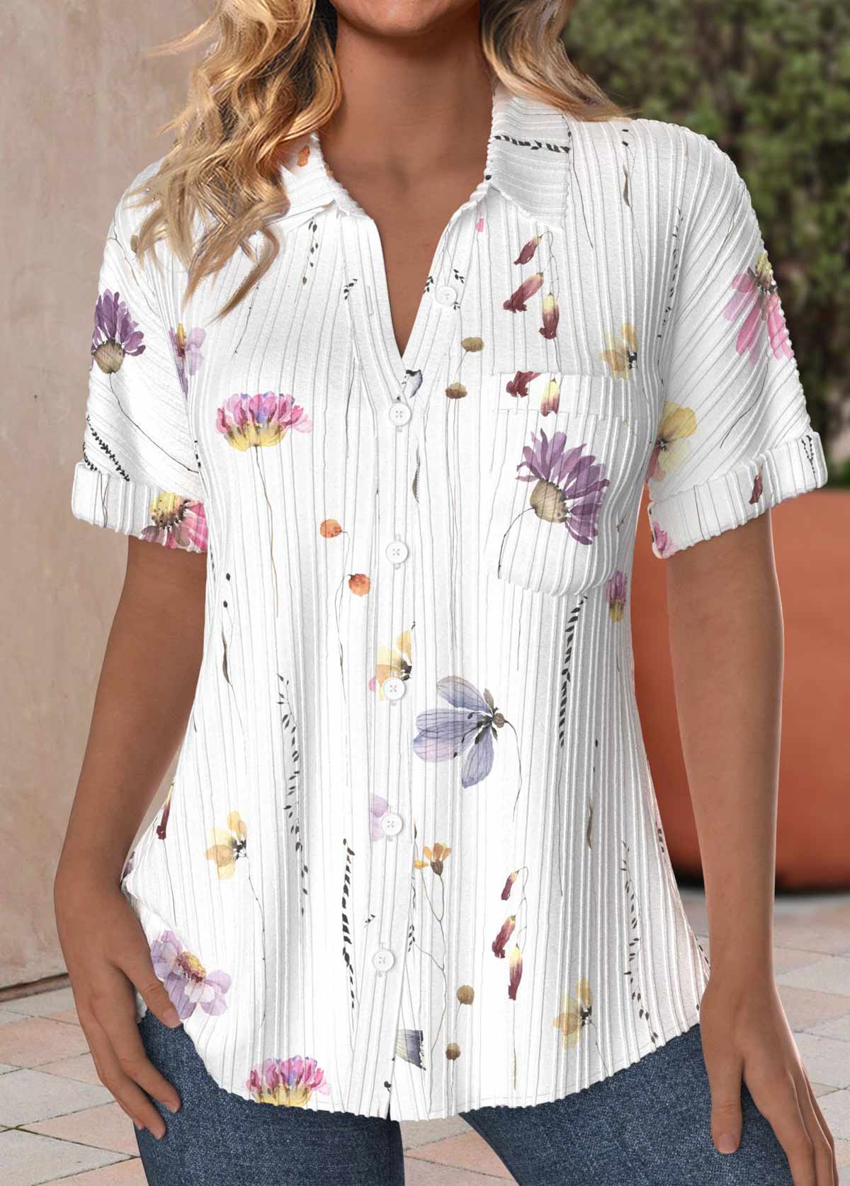 ROTITA Textured Fabric Floral Print White Shirt Collar Blouse