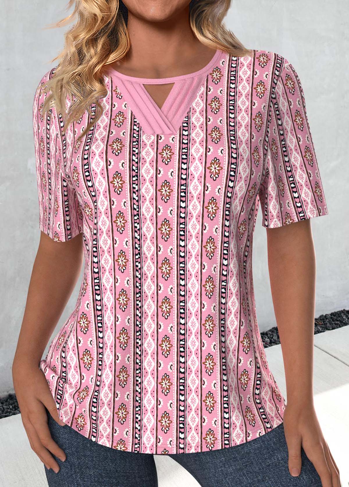 ROTITA Cut Out Tribal Print Pink Round Neck T Shirt