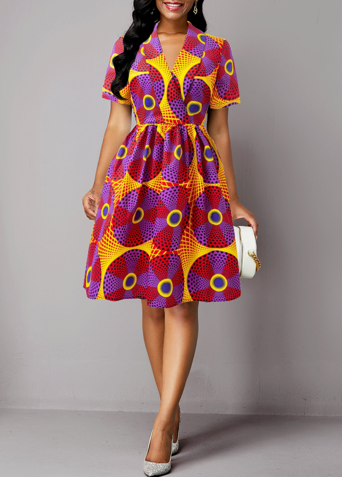 Multi Color dresses,Tribal dresses,Geometric dresses,Vacation dresses,Vacation dresses,ROTITA Umbrella Hem African Tribal Print Multi Color Dress