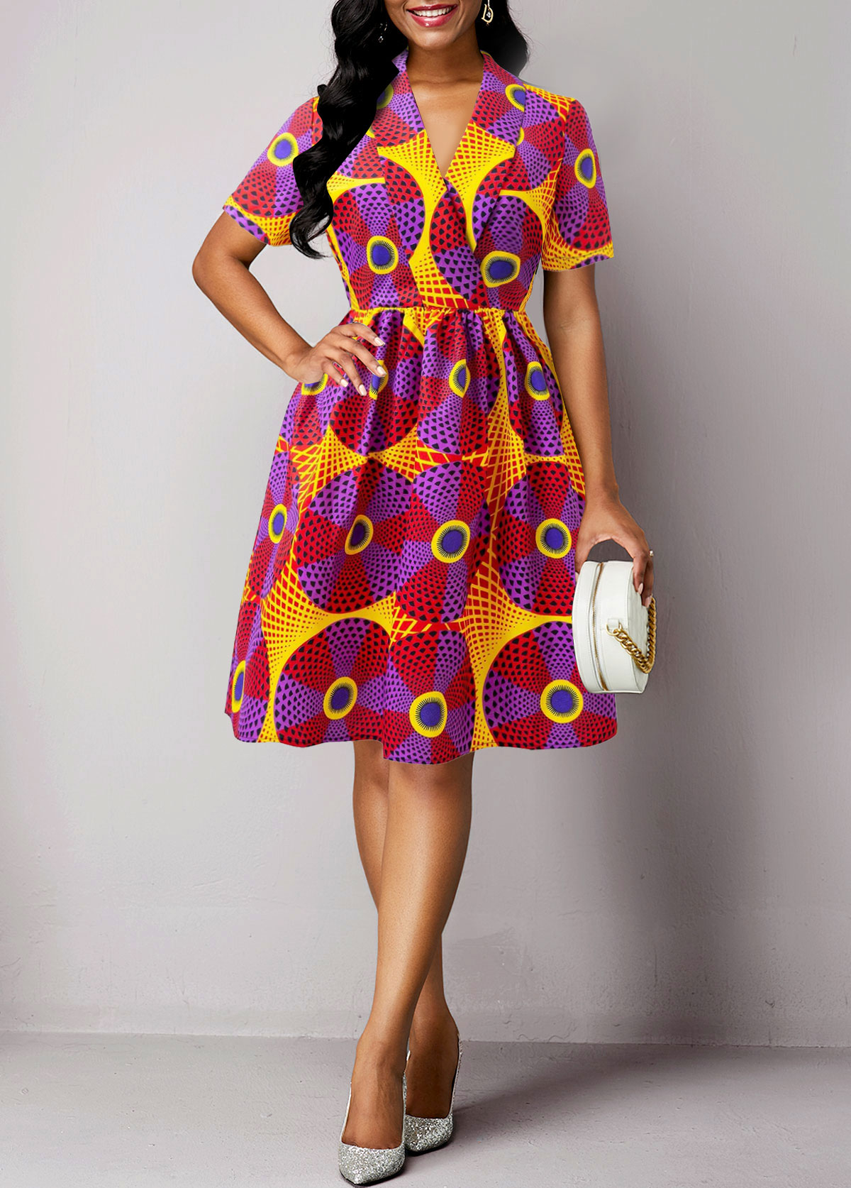 Multi Color dresses,Tribal dresses,Geometric dresses,Vacation dresses,Vacation dresses,ROTITA Umbrella Hem African Tribal Print Multi Color Dress