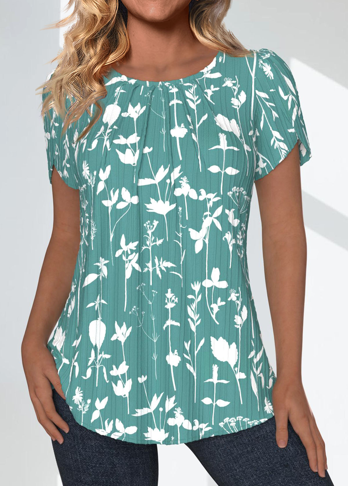 blouse col rond vert imprimé floral rotita tuck stitch