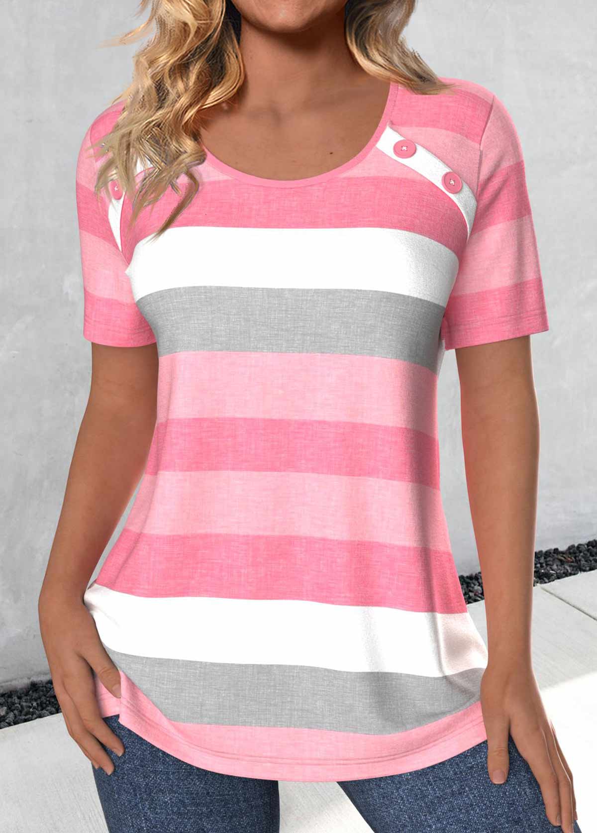 ROTITA Button Striped Light Pink Round Neck T Shirt