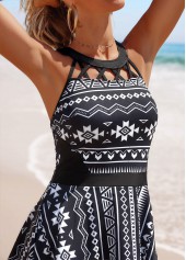 Black swimwear,White swimwear,Tribal swimwear,Striped swimwear,Geometric swimwear,Chevron swimwear,ROTITA Cage Neck Black Tribal Print Swimdress and Panty