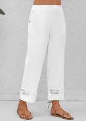 White bottoms,Plain Color bottoms,Patchwork White Elastic Waist High Waisted Pants