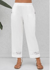 White bottoms,Plain Color bottoms,Patchwork White Elastic Waist High Waisted Pants