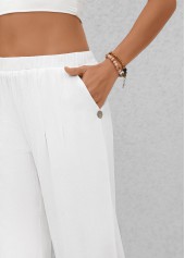 White bottoms,Plain Color bottoms,Patchwork White Elastic Waist High Waisted Pants