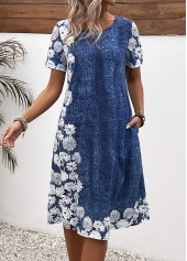 Denim Blue dresses,Floral dresses,Plants dresses,Everyday dresses,Casual dresses,ROTITA Pocket Floral Print Denim Blue A Line Dress