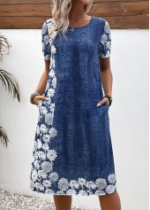 Denim Blue dresses,Floral dresses,Plants dresses,Everyday dresses,Casual dresses,ROTITA Pocket Floral Print Denim Blue A Line Dress
