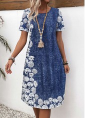 Denim Blue dresses,Floral dresses,Plants dresses,Everyday dresses,Casual dresses,ROTITA Pocket Floral Print Denim Blue A Line Dress