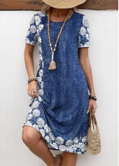 Rotita Pocket - Robe trapèze bleue en jean à imprimé floral