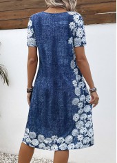 Denim Blue dresses,Floral dresses,Plants dresses,Everyday dresses,Casual dresses,ROTITA Pocket Floral Print Denim Blue A Line Dress