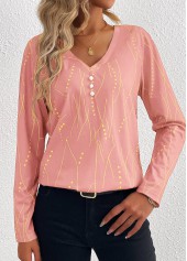 Dusty Pink tops,Geometric tops,Dot tops,Striped tops,ROTITA Button Geometric Print Pink V Neck T Shirt