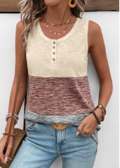 Light Coffee tops,Contrast Color tops,ROTITA Patchwork Light Coffee Round Neck Tank Top