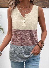 Light Coffee tops,Contrast Color tops,ROTITA Patchwork Light Coffee Round Neck Tank Top
