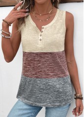 Light Coffee tops,Contrast Color tops,ROTITA Patchwork Light Coffee Round Neck Tank Top